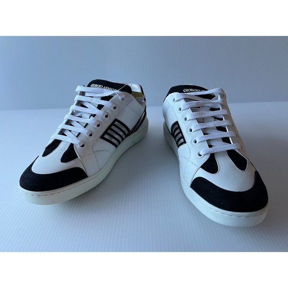 Giorgio Armani White/Black Leather Lace-Up Sneakers, Size 8.5 (US) 38.5 (EU) - Picture 2 of 12